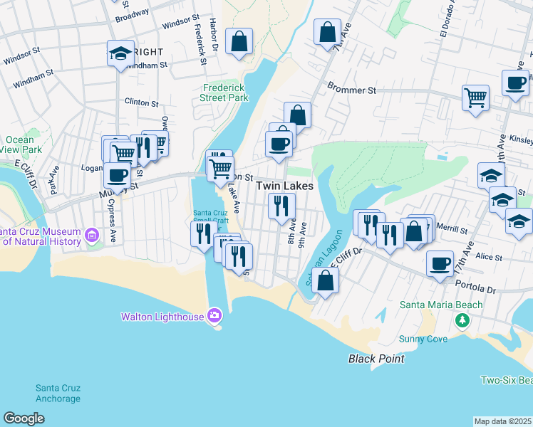 map of restaurants, bars, coffee shops, grocery stores, and more near 350 6th Avenue in Santa Cruz