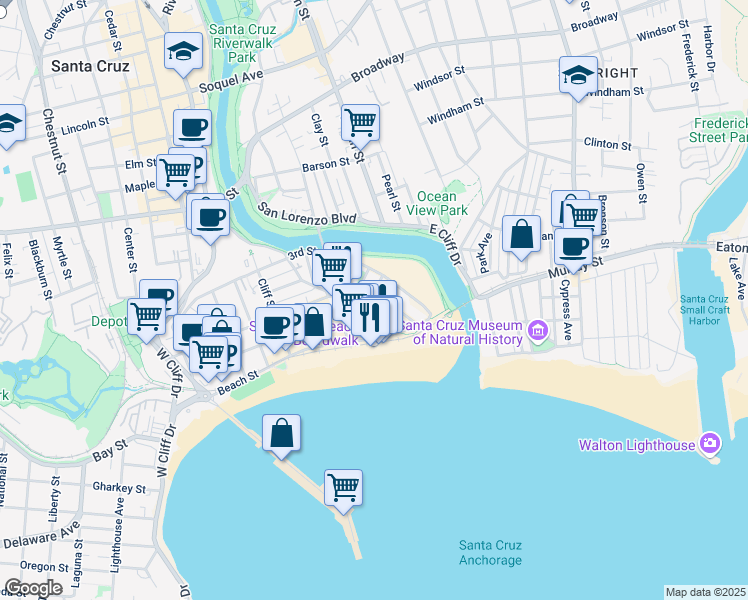 map of restaurants, bars, coffee shops, grocery stores, and more near 140 Park Place in Santa Cruz