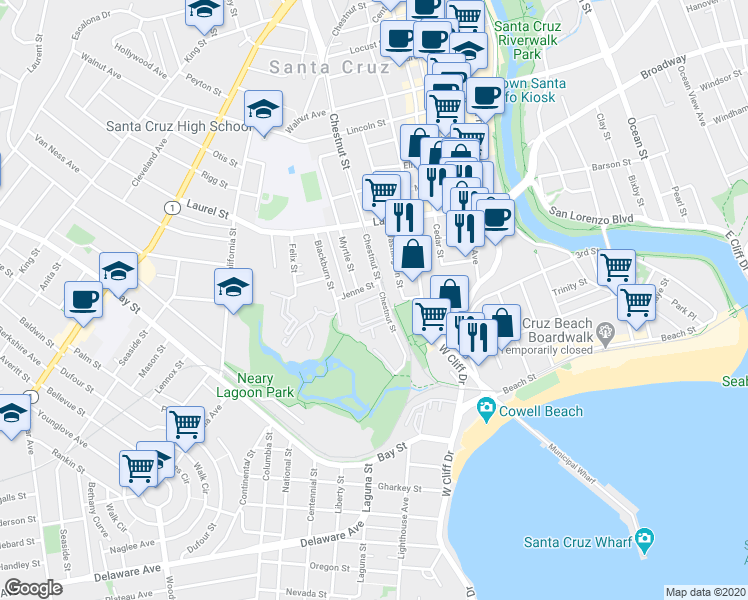 map of restaurants, bars, coffee shops, grocery stores, and more near 356 Everson Drive in Santa Cruz