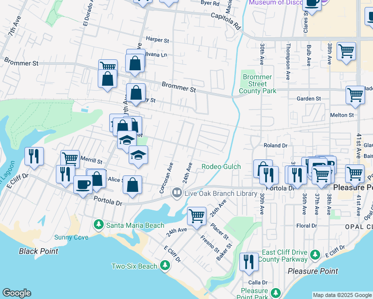 map of restaurants, bars, coffee shops, grocery stores, and more near 2348 Felt Street in Santa Cruz
