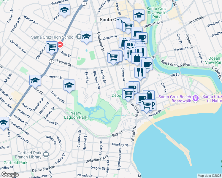 map of restaurants, bars, coffee shops, grocery stores, and more near 356 Everson Drive in Santa Cruz