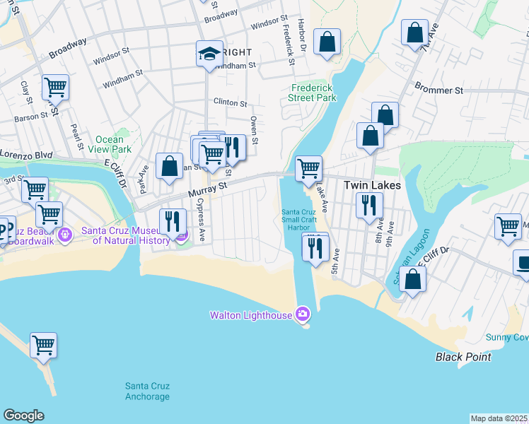 map of restaurants, bars, coffee shops, grocery stores, and more near 789 Mariner Park Way in Santa Cruz