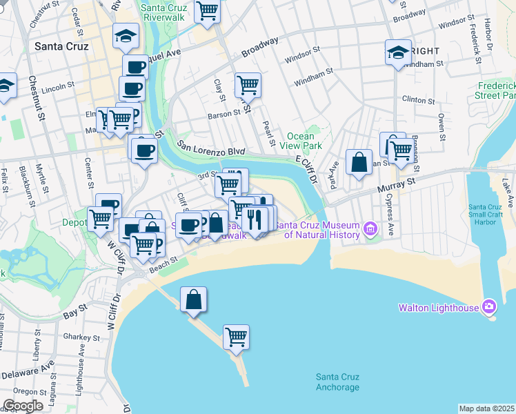 map of restaurants, bars, coffee shops, grocery stores, and more near 140 Park Place in Santa Cruz