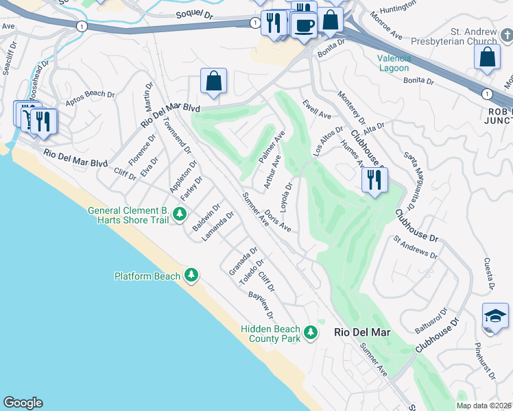 map of restaurants, bars, coffee shops, grocery stores, and more near 448 Sumner Avenue in Aptos