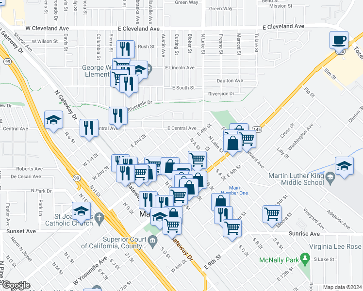 map of restaurants, bars, coffee shops, grocery stores, and more near 301 North B Street in Madera
