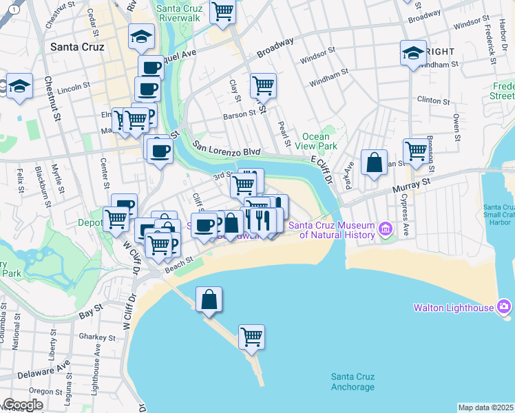 map of restaurants, bars, coffee shops, grocery stores, and more near 206 Leibrandt Avenue in Santa Cruz