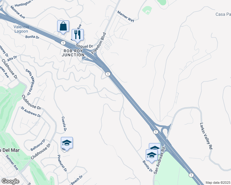 map of restaurants, bars, coffee shops, grocery stores, and more near 900 Bonita Drive in Aptos