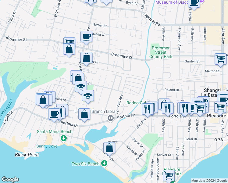 map of restaurants, bars, coffee shops, grocery stores, and more near 2348 Felt Street in Santa Cruz