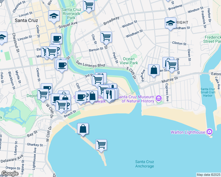 map of restaurants, bars, coffee shops, grocery stores, and more near 140 Park Place in Santa Cruz