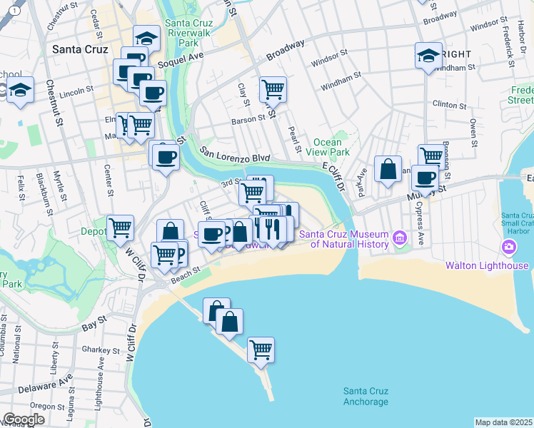map of restaurants, bars, coffee shops, grocery stores, and more near 152 Raymond Street in Santa Cruz