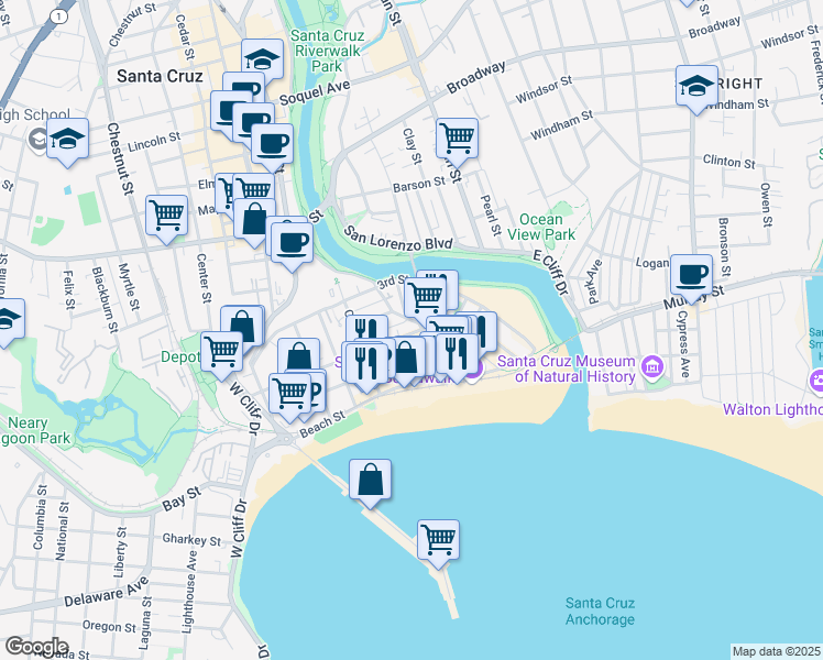 map of restaurants, bars, coffee shops, grocery stores, and more near 108 Second Street in Santa Cruz