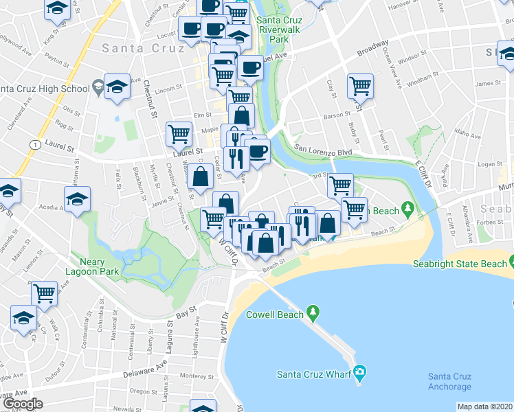 map of restaurants, bars, coffee shops, grocery stores, and more near 333 Main Street in Santa Cruz