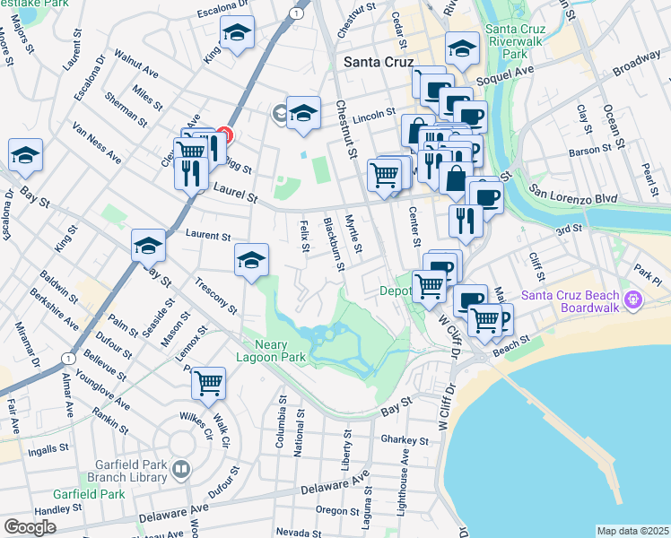 map of restaurants, bars, coffee shops, grocery stores, and more near 107 Blackburn Street in Santa Cruz