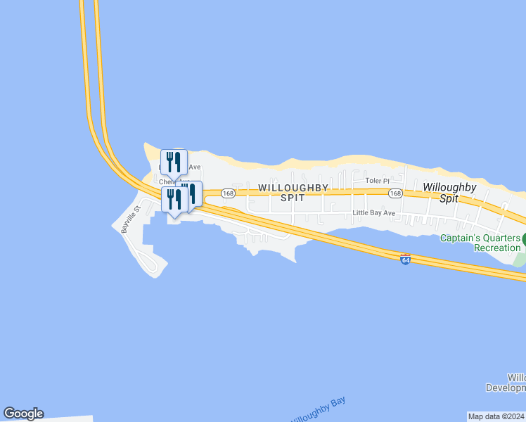 map of restaurants, bars, coffee shops, grocery stores, and more near 1346 Little Bay Avenue in Norfolk