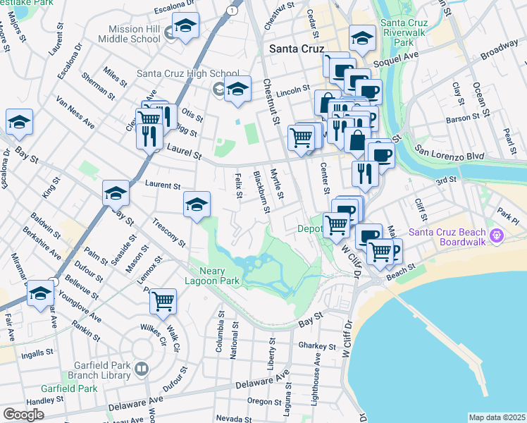 map of restaurants, bars, coffee shops, grocery stores, and more near 107 Blackburn Street in Santa Cruz