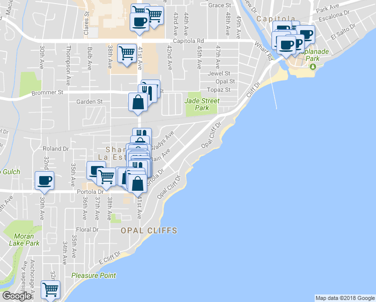 map of restaurants, bars, coffee shops, grocery stores, and more near 4567 Opal Cliff Drive in Santa Cruz