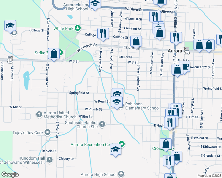 map of restaurants, bars, coffee shops, grocery stores, and more near 627 West Springfield Street in Aurora