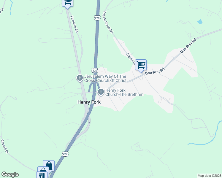 map of restaurants, bars, coffee shops, grocery stores, and more near 220 Doe Run Road in Rocky Mount