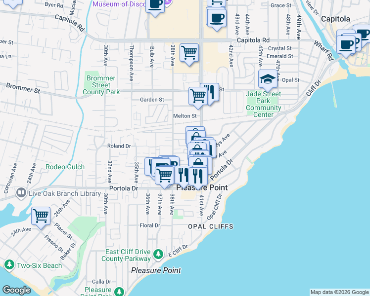 map of restaurants, bars, coffee shops, grocery stores, and more near 998 38th Avenue in Santa Cruz