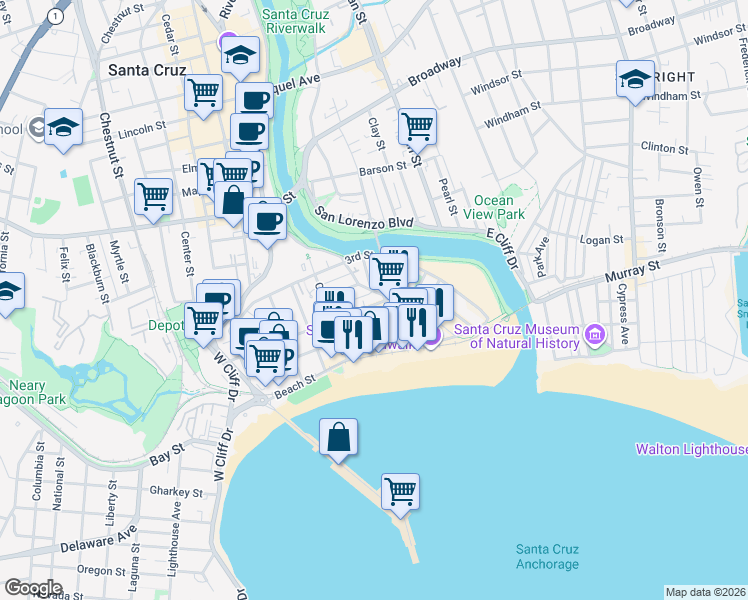 map of restaurants, bars, coffee shops, grocery stores, and more near 108 2nd Street in Santa Cruz