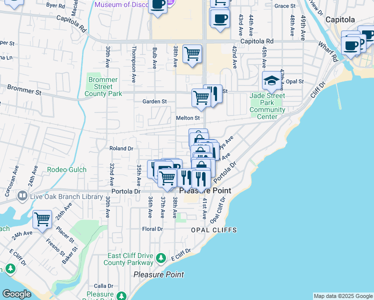 map of restaurants, bars, coffee shops, grocery stores, and more near 998 38th Avenue in Santa Cruz