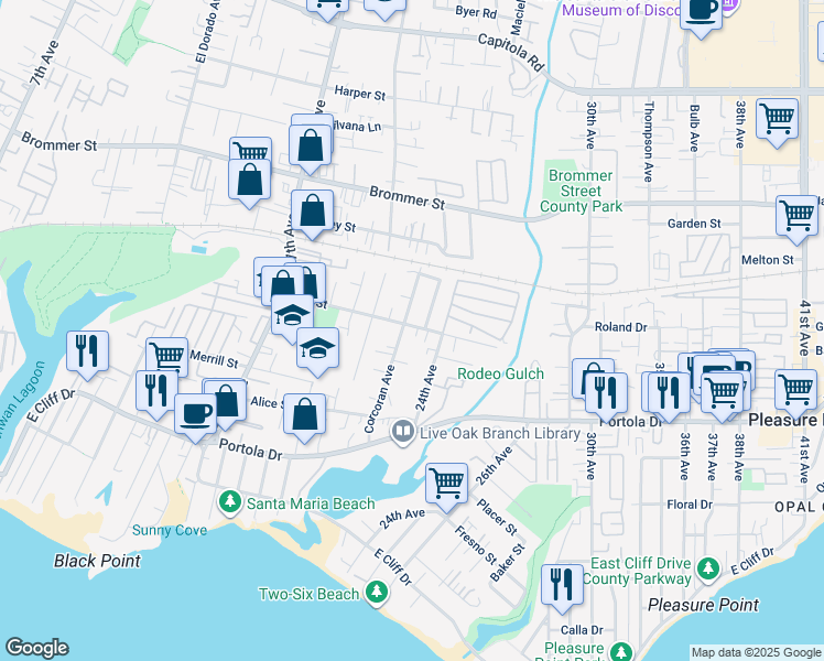 map of restaurants, bars, coffee shops, grocery stores, and more near 2348 Felt Street in Santa Cruz