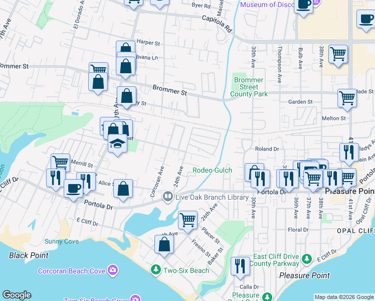 map of restaurants, bars, coffee shops, grocery stores, and more near 2418 Felt Street in Santa Cruz