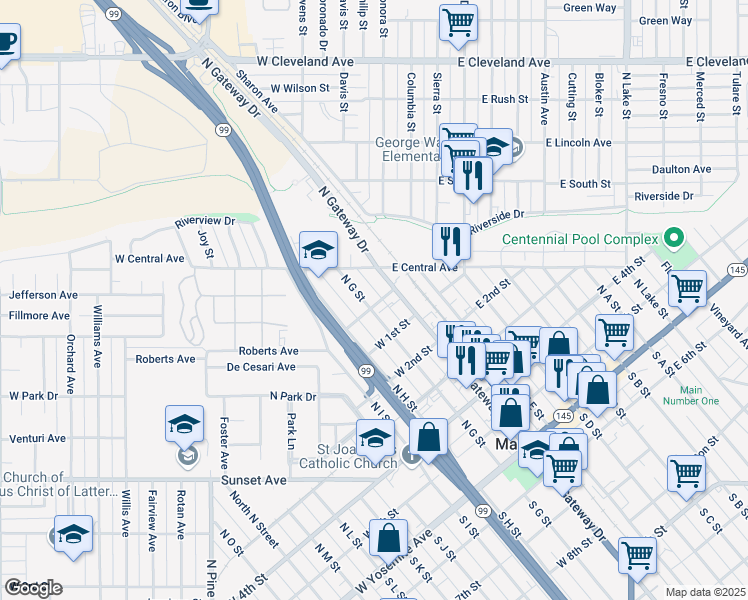 map of restaurants, bars, coffee shops, grocery stores, and more near 201 Roberts Avenue in Madera