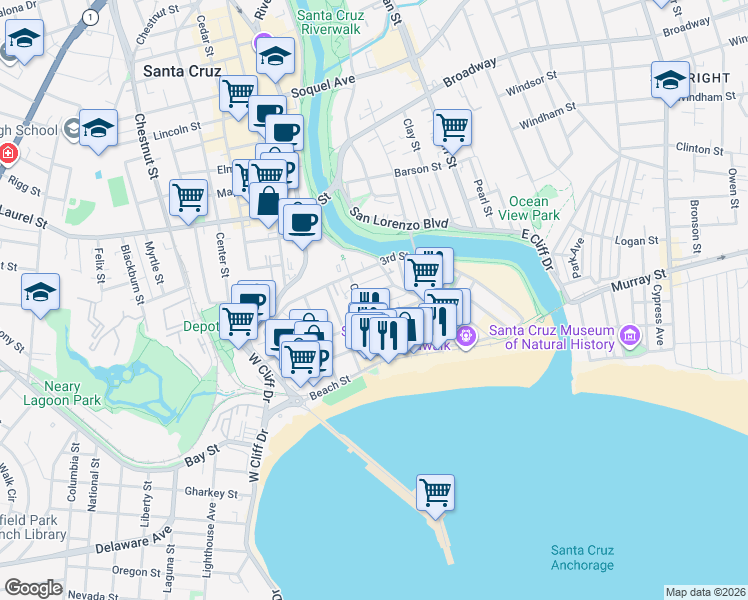 map of restaurants, bars, coffee shops, grocery stores, and more near 304 Cliff Street in Santa Cruz