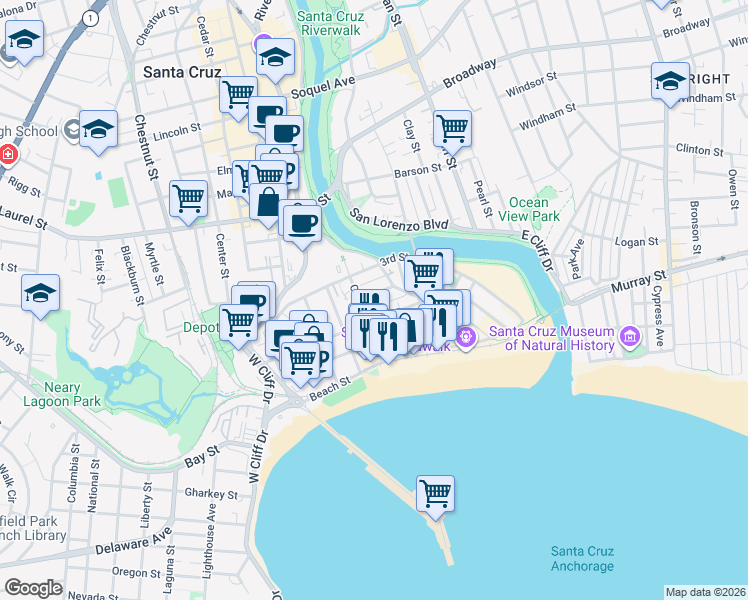 map of restaurants, bars, coffee shops, grocery stores, and more near 304 Cliff Street in Santa Cruz