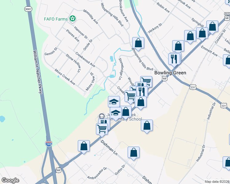 map of restaurants, bars, coffee shops, grocery stores, and more near 123 Westwood Circle in Bowling Green