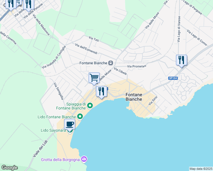 map of restaurants, bars, coffee shops, grocery stores, and more near Via Calliope in Fontane Bianche