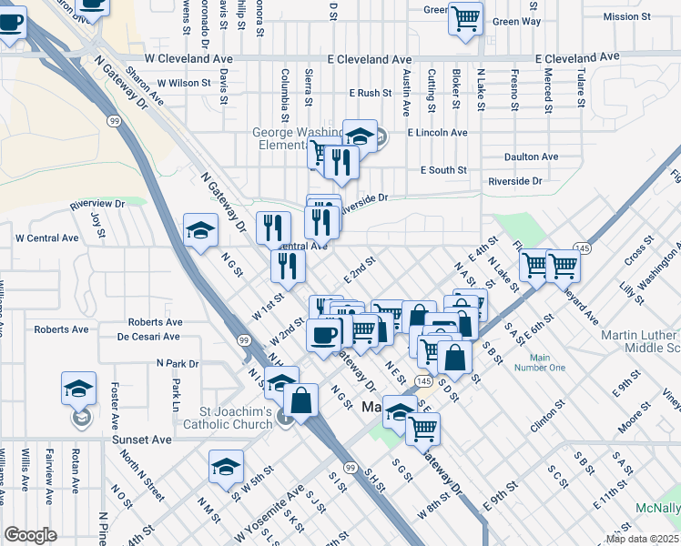 map of restaurants, bars, coffee shops, grocery stores, and more near 501 North E Street in Madera