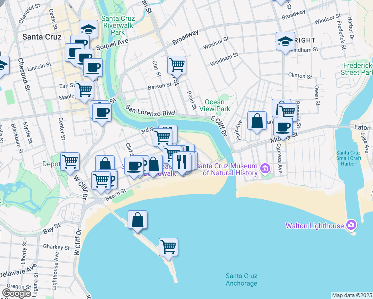 map of restaurants, bars, coffee shops, grocery stores, and more near 140 Park Place in Santa Cruz