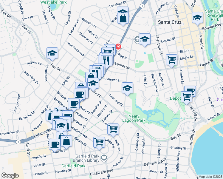 map of restaurants, bars, coffee shops, grocery stores, and more near 139 Acadia Avenue in Santa Cruz