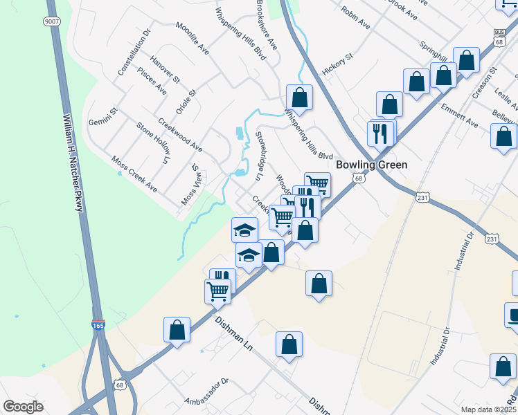 map of restaurants, bars, coffee shops, grocery stores, and more near 130 Westwood Circle in Bowling Green
