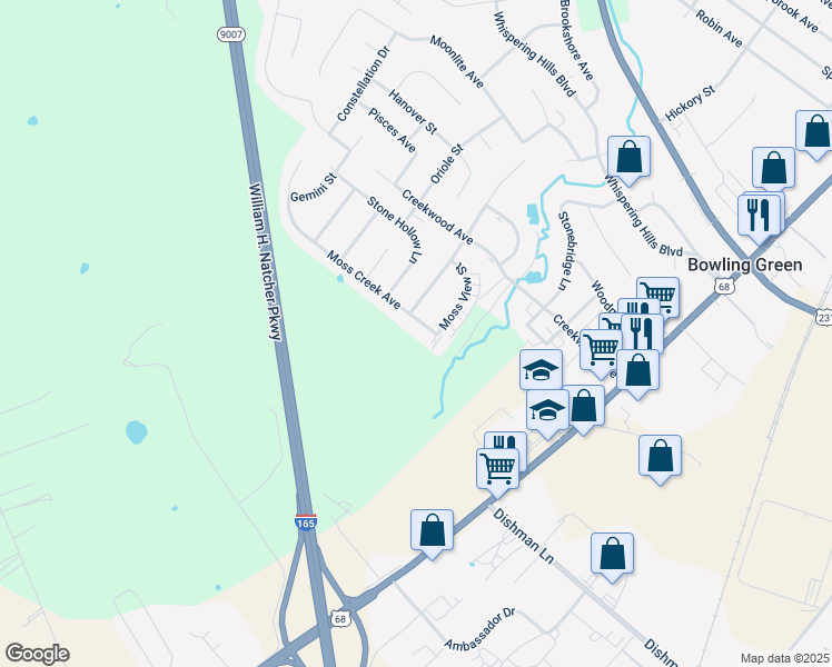 map of restaurants, bars, coffee shops, grocery stores, and more near Stine Hollow Ln in Bowling Green