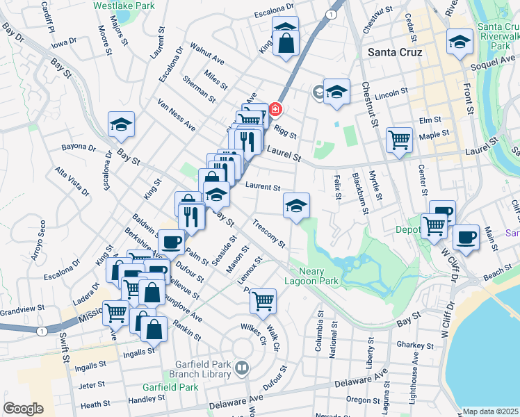 map of restaurants, bars, coffee shops, grocery stores, and more near 139 Acadia Avenue in Santa Cruz