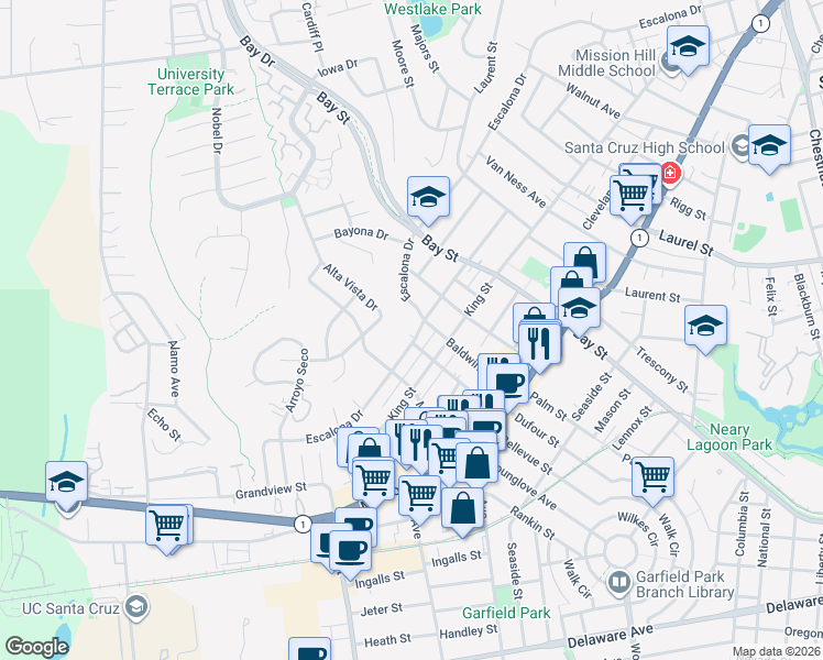 map of restaurants, bars, coffee shops, grocery stores, and more near 1310 Escalona Drive in Santa Cruz