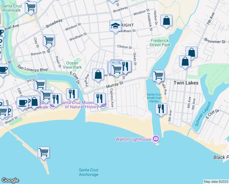 map of restaurants, bars, coffee shops, grocery stores, and more near 407 Seabright Avenue in Santa Cruz