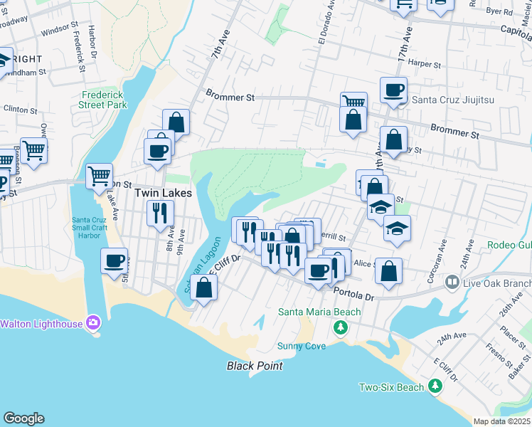 map of restaurants, bars, coffee shops, grocery stores, and more near 755 14th Avenue in Santa Cruz