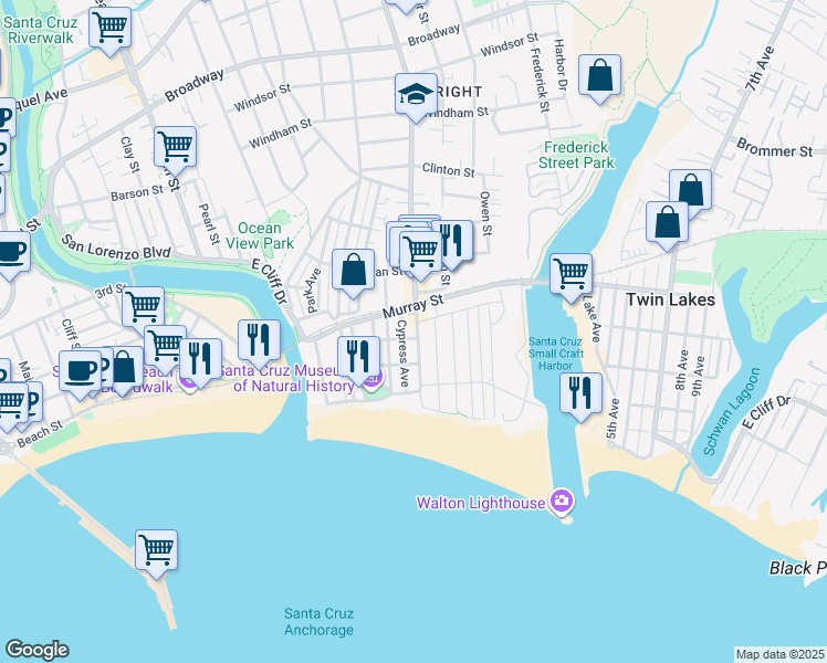 map of restaurants, bars, coffee shops, grocery stores, and more near 407 Seabright Avenue in Santa Cruz