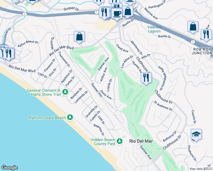 map of restaurants, bars, coffee shops, grocery stores, and more near 313 Loyola Drive in Aptos