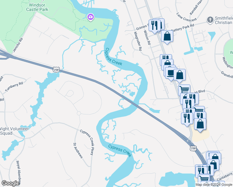map of restaurants, bars, coffee shops, grocery stores, and more near 1017 U.S. 258 in Smithfield