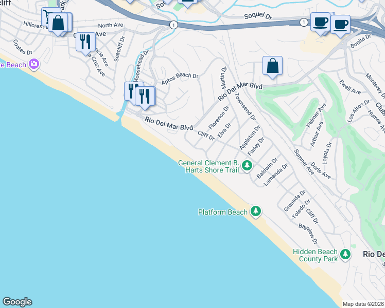 map of restaurants, bars, coffee shops, grocery stores, and more near 345 Beach Drive in Aptos