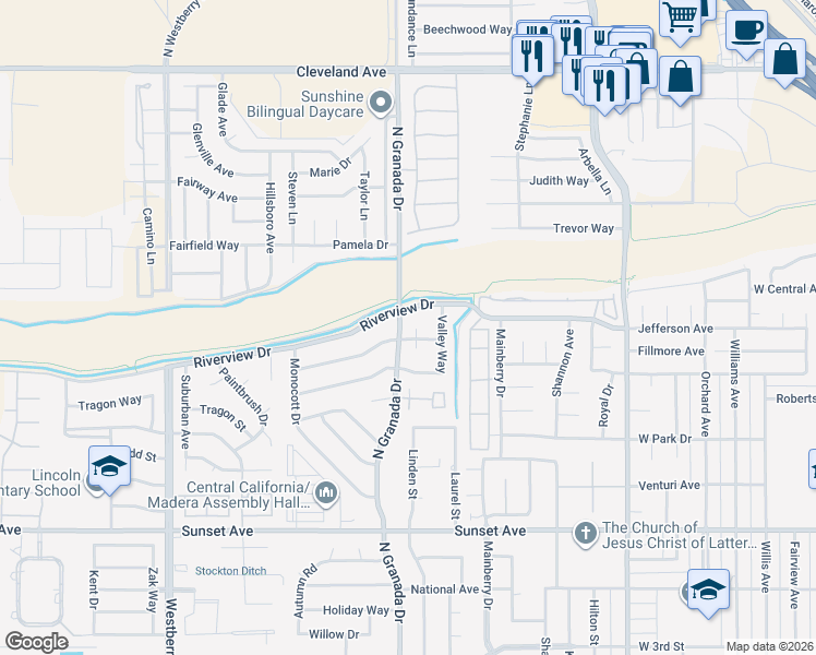 map of restaurants, bars, coffee shops, grocery stores, and more near 1014 Pinewood Court in Madera