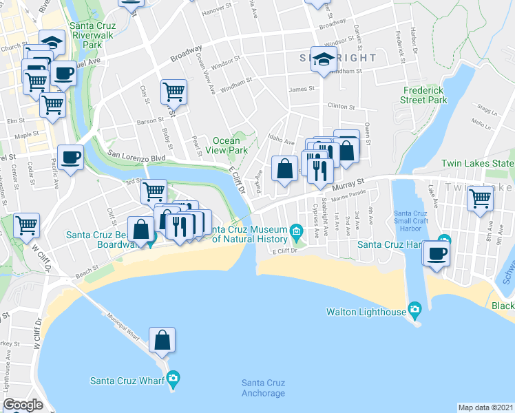 map of restaurants, bars, coffee shops, grocery stores, and more near 1103 East Cliff Drive in Santa Cruz