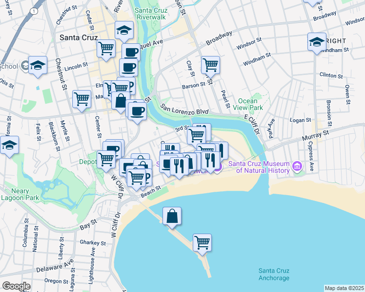 map of restaurants, bars, coffee shops, grocery stores, and more near 108 Second Street in Santa Cruz