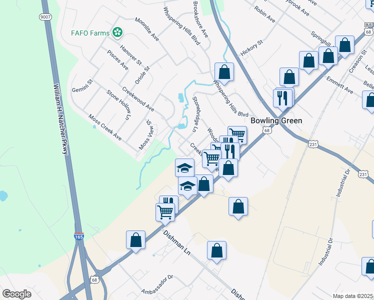map of restaurants, bars, coffee shops, grocery stores, and more near 130 Westwood Circle in Bowling Green