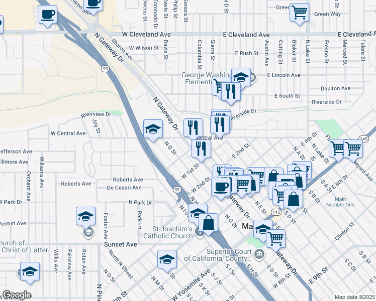 map of restaurants, bars, coffee shops, grocery stores, and more near 175 Roberts Avenue in Madera